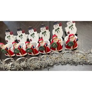 20pc‎ Christmas Napkin Ring Set Santa Snowman Snowflake Silver Beaded Holiday